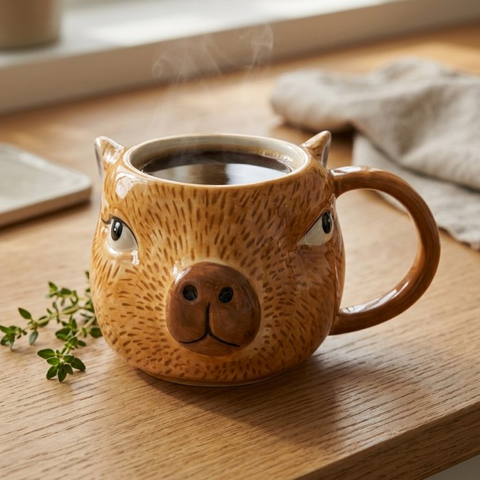 Capybara Becher mit Kaffee auf Holztisch – Lifestyle