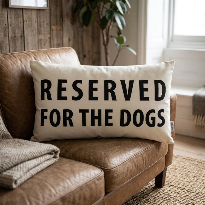 Kissen Reserved for the Dogs – Lifestyle-Foto auf braunem Ledersofa