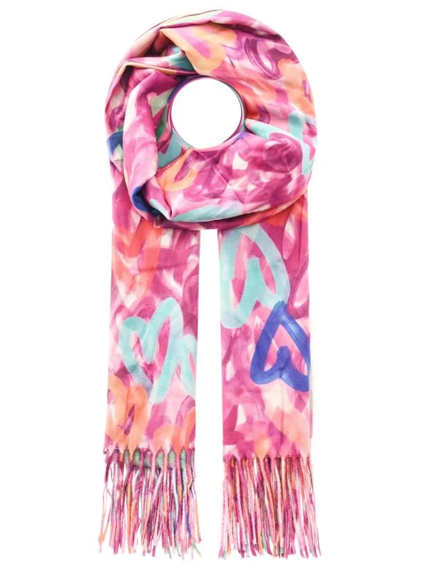 Zwillingsherz Damen-Schal „Bunte Herzen“ mit rosa Grundton, Herzen in Türkis, Blau und Orange sowie Fransen auf weißem Hintergrund.