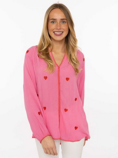 Bluse „Gestickte Herzen“ – Rosa Viskosebluse mit Herz-Stickerei von Zwillingsherz