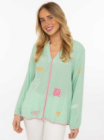 Bluse „Smile & Amore“ – Streifenbluse mit Print von Zwillingsherz