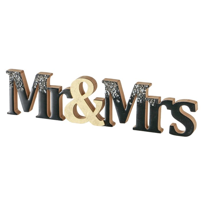 Schriftzug Mr & Mrs Wedding – schwarze Variante Frontansicht auf weißem Hintergrund