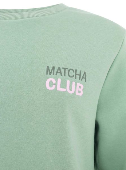 Sweatshirt Matcha Morning Zwillingsherz – Detailansicht Matcha Club Brust-Print