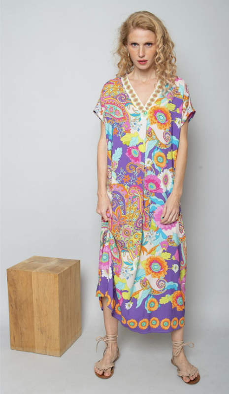 Emily van den Bergh Langes Viskose Kleid mit Ornament V-Ausschnitt & Paisley Blumen Print