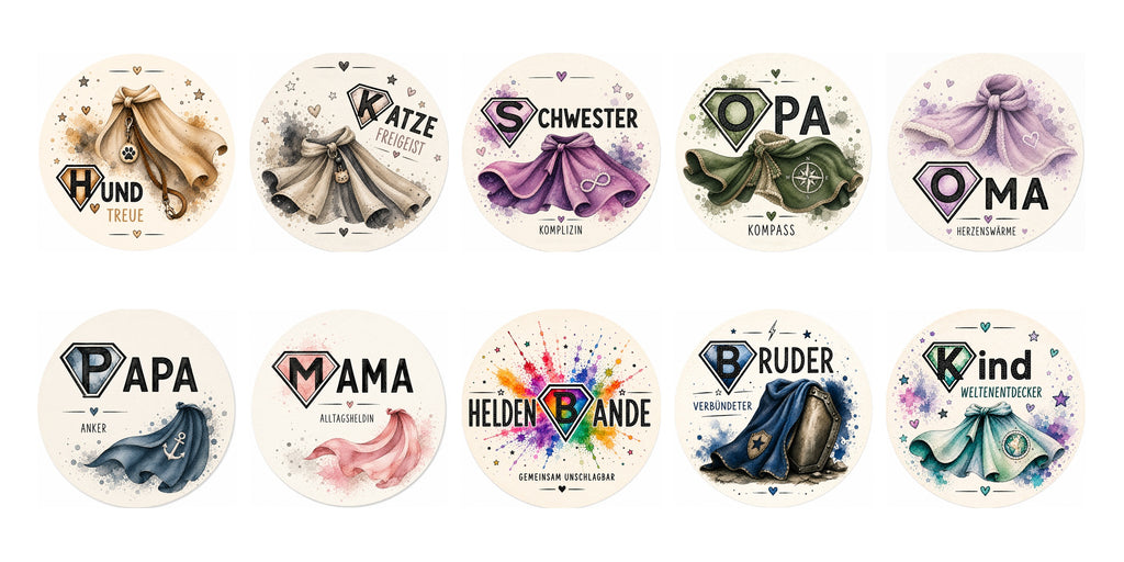 Heldenbande Bierdeckel-Set – alle 10 Motive im Überblick: Mama, Papa, Oma, Opa, Schwester, Bruder, Kind, Hund, Katze & Heldenbande