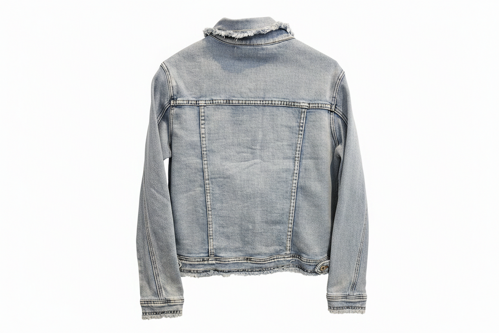 Rückseite der Jeansjacke LOVE Patches von Secret Season – hellblau mit fransigen Kanten, weißer Hintergrund