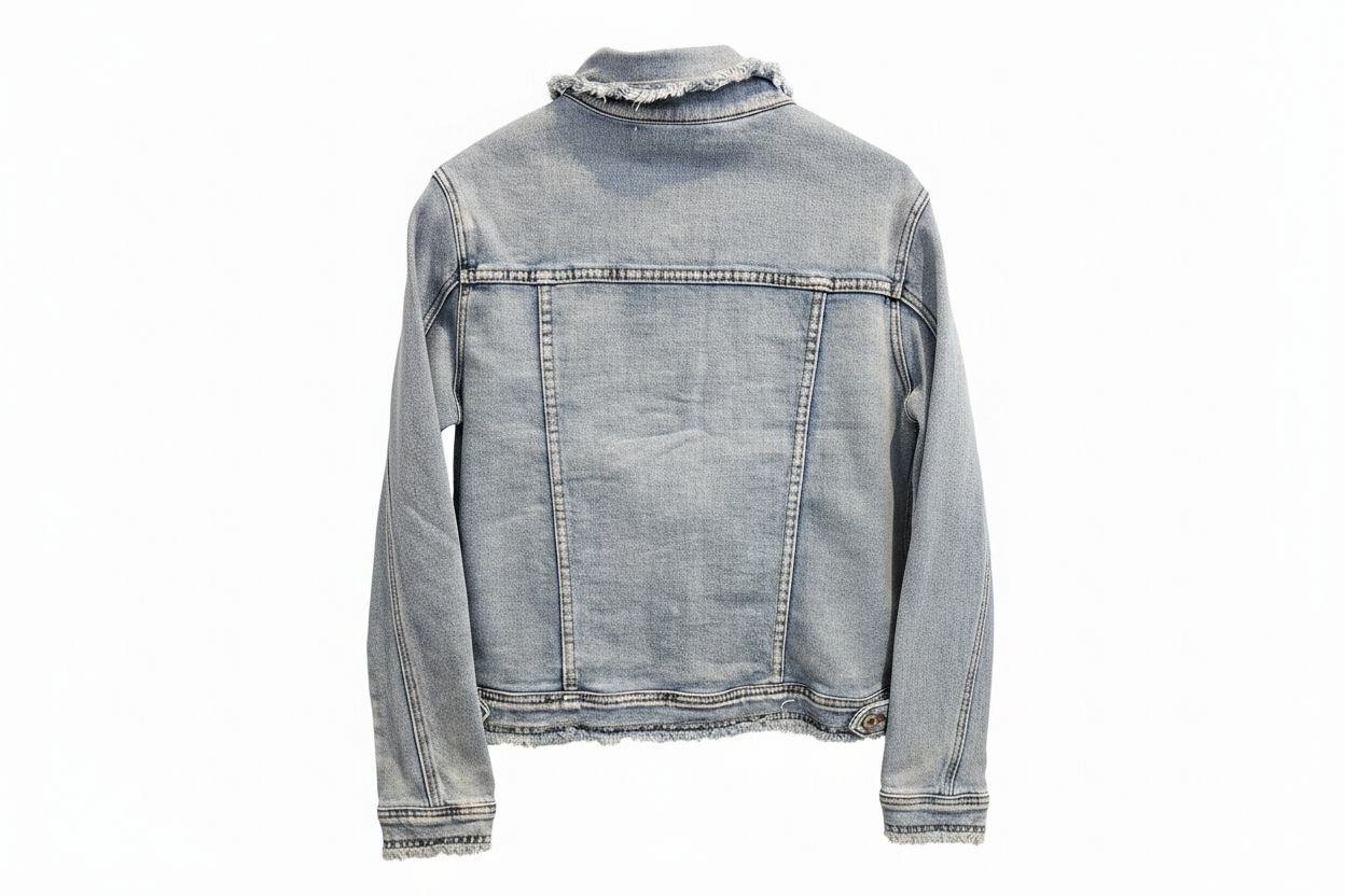 Rückseite der Jeansjacke LOVE Patches von Secret Season – hellblau mit fransigen Kanten, weißer Hintergrund