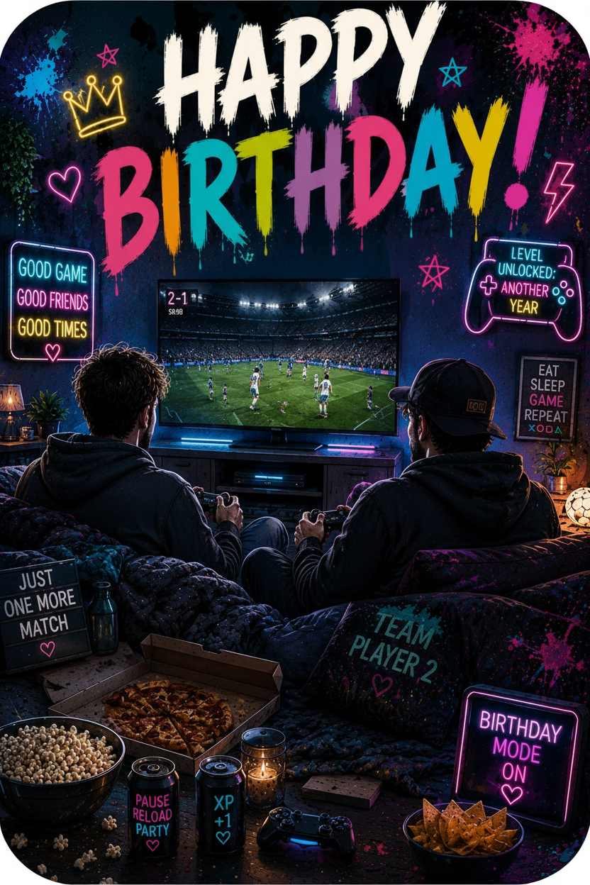 Postkarte Happy Birthday Gaming – Vorderseite mit zwei Freunden beim Zocken und Neon-Deko – Bird of Paradise Flower Fashion