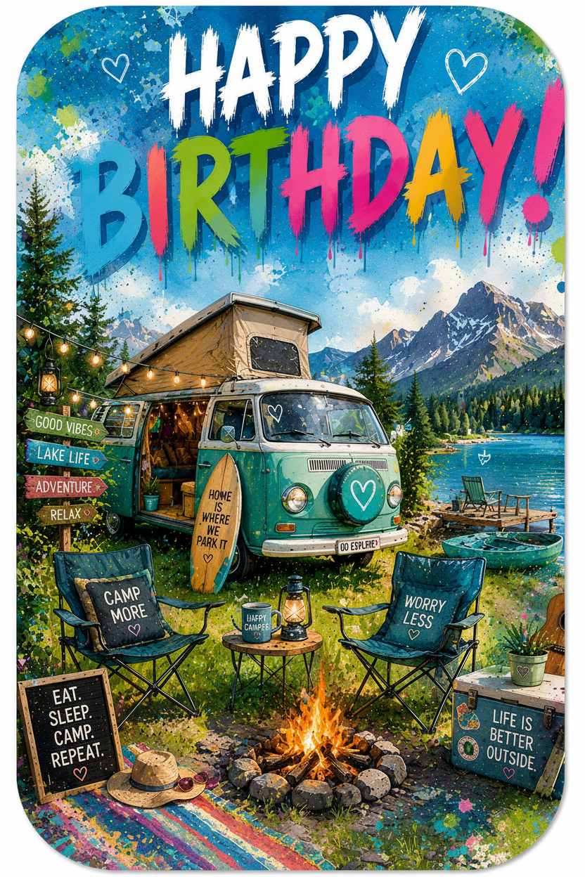 Postkarte Happy Birthday Camping – VW-Bus am See mit Lagerfeuer, Bergen und buntem Schriftzug