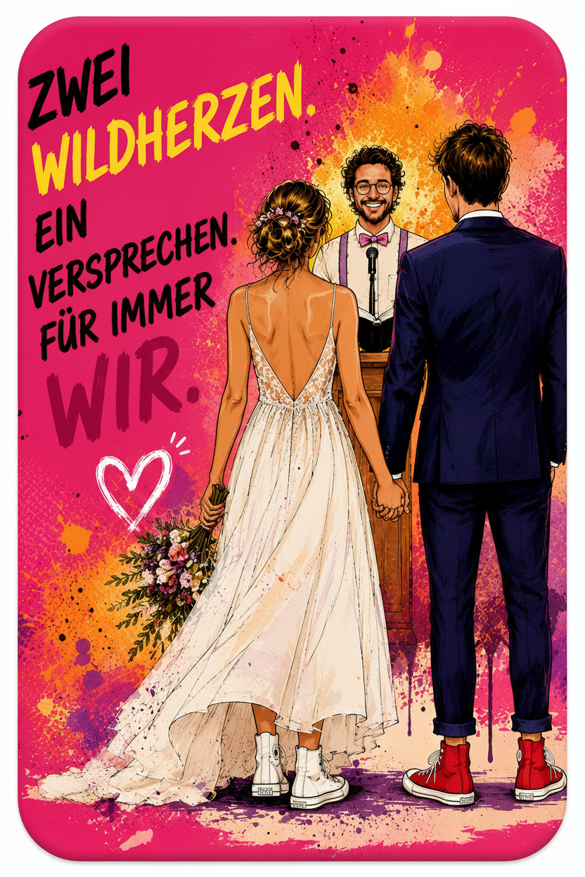 Postkarte Zwei Wildherzen Ein Versprechen Für immer wir – Vorderseite mit Brautpaar von hinten auf pinkem Hintergrund – Bird of Paradise Flower Fashion