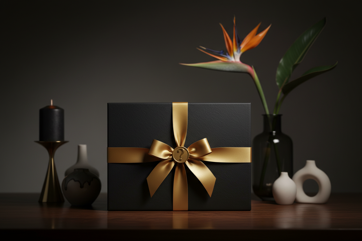 Mystery Box Deko & Einrichtung – elegante schwarze Geschenkbox mit Goldband, kuratierte Wohn-Überraschung von Bird of Paradise Flower Fashion
