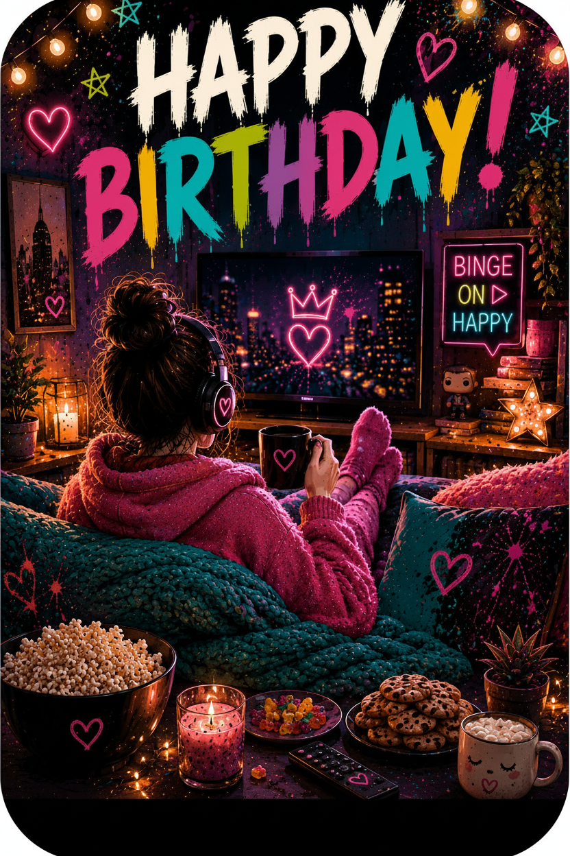 Postkarte Happy Birthday Binge-Watching – Frau auf Sofa mit Headphones, Snacks und Neon-Schriftzug, dunkler Hintergrund