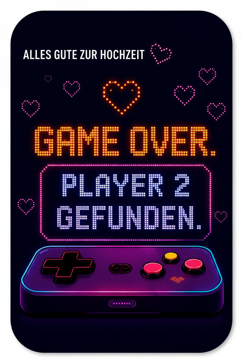 Postkarte Vorderseite – Game Over Player 2 gefunden Hochzeit Gaming