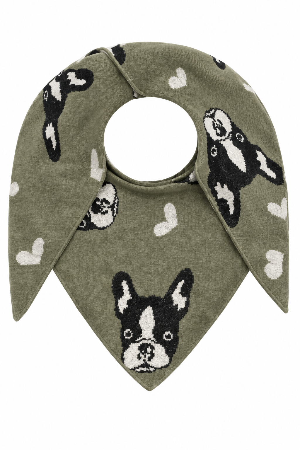 Farbsimulation: Zwillingsherz Dreieckstuch Herzenshund Frenchie in Khaki mit schwarz-weißen Bulldoggen und weißen Herzen