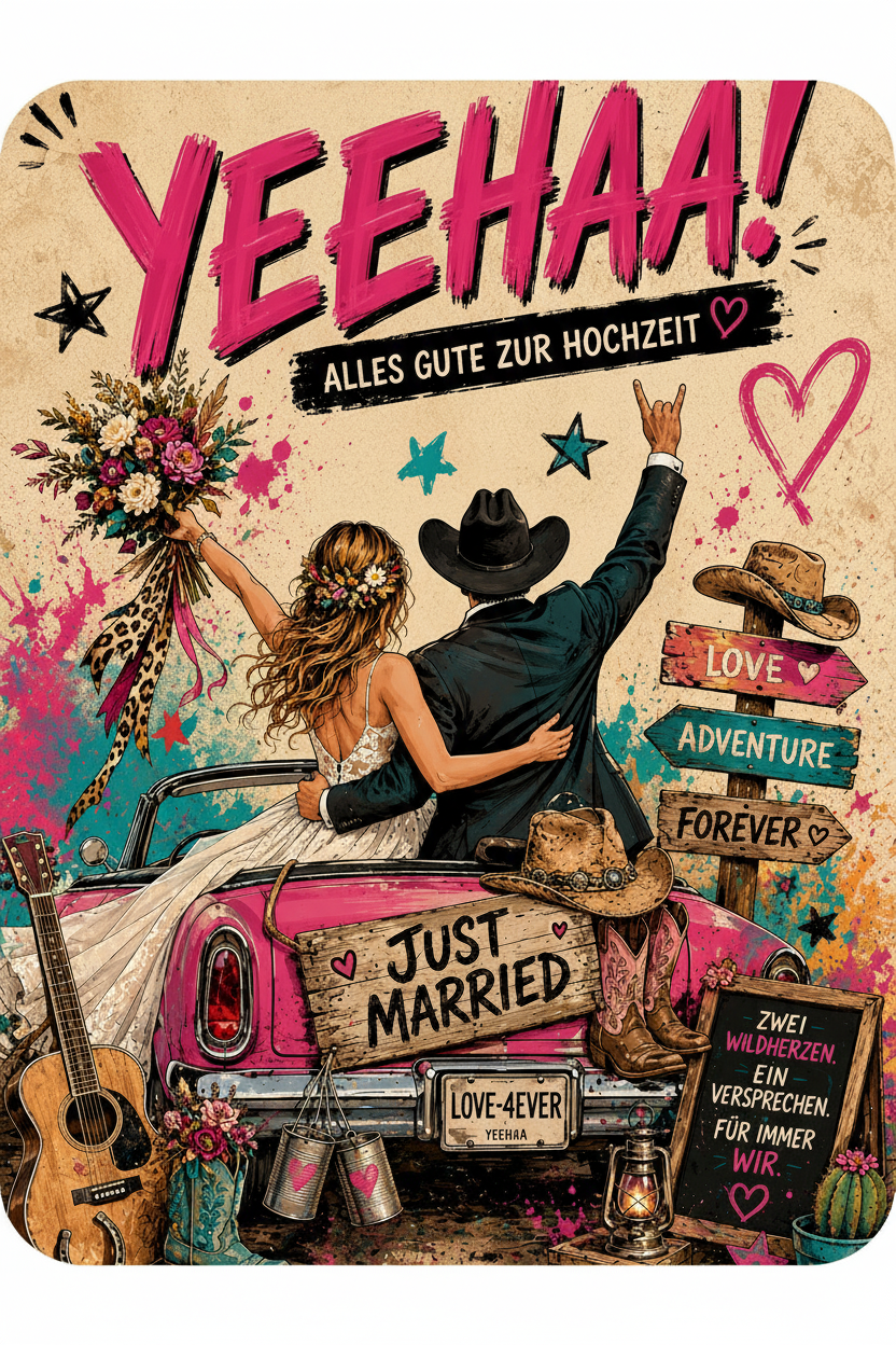 Postkarte Yeehaa Alles Gute zur Hochzeit – Vorderseite mit Brautpaar auf pinkem Auto im Western-Stil – Bird of Paradise Flower Fashion