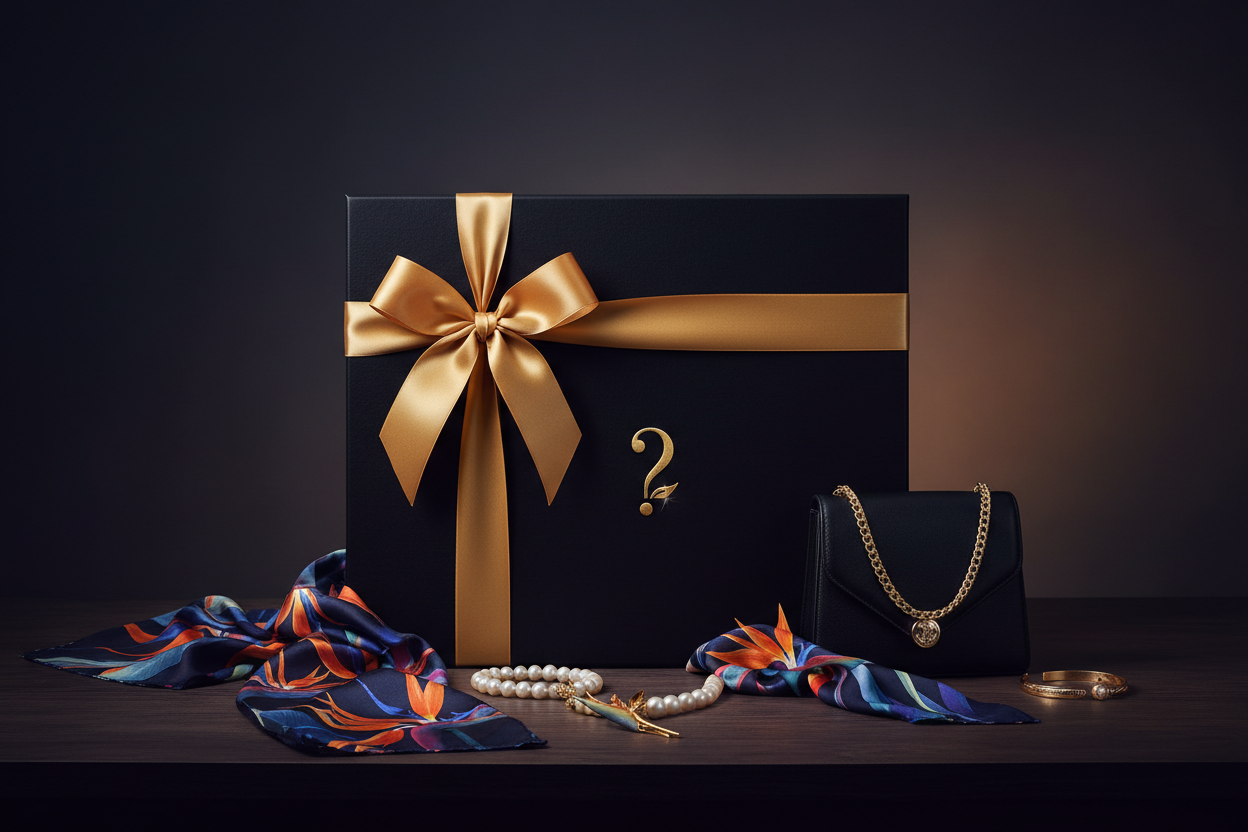 Mystery Box Accessoires – elegante schwarze Geschenkbox mit Goldband, kuratierte Accessoires-Überraschung mit Tüchern, Taschen & Schmuck von Bird of Paradise Flower Fashion