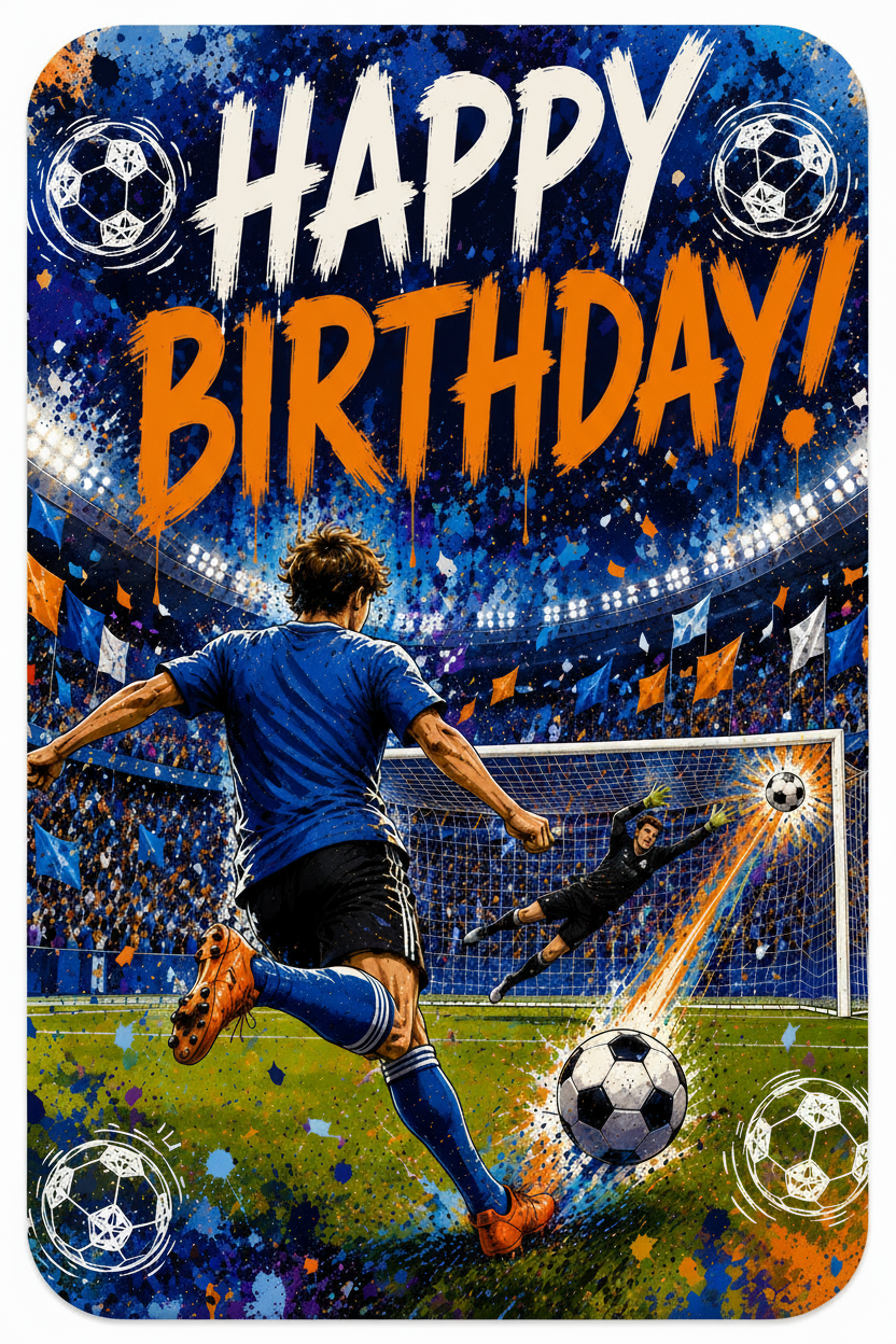 Postkarte Happy Birthday Fußball – Vorderseite mit Fußballspieler im Stadion – Bird of Paradise Flower Fashion