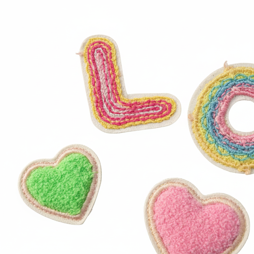 Nahaufnahme der bunten LOVE-Patches und Herzen auf der Jeansjacke – farbige Stickerei mit grünem und pinkem Herz-Patch