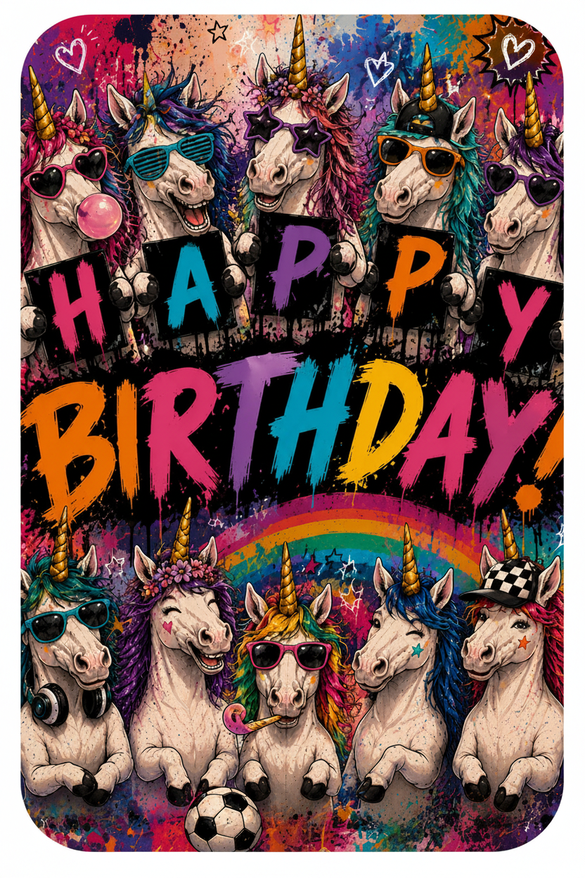 Postkarte Happy Birthday Einhorn – bunte Einhörner mit Sonnenbrillen und Regenbogen auf farbenfrohem Hintergrund