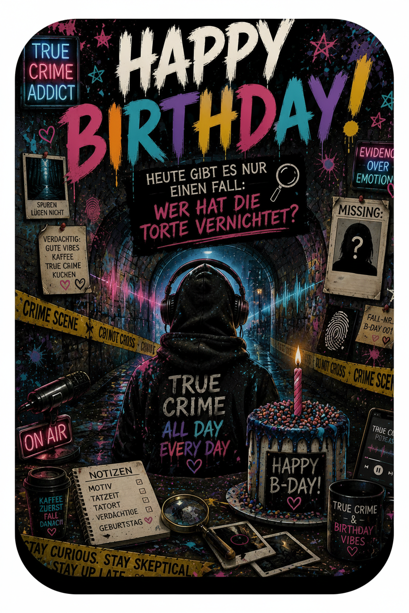 Postkarte Happy Birthday True Crime – Person mit Kopfhörern vor Crime Scene Absperrband, dunkler Hintergrund mit bunten Neon-Akzenten