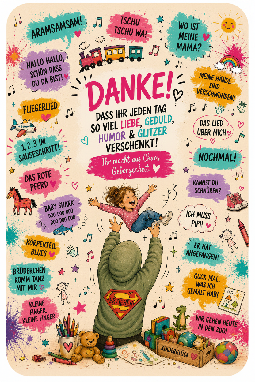Postkarte Danke Erzieher – Erzieher wirft Kind in die Luft, umgeben von bunten Kita-Sprüchen auf cremefarbenem Hintergrund