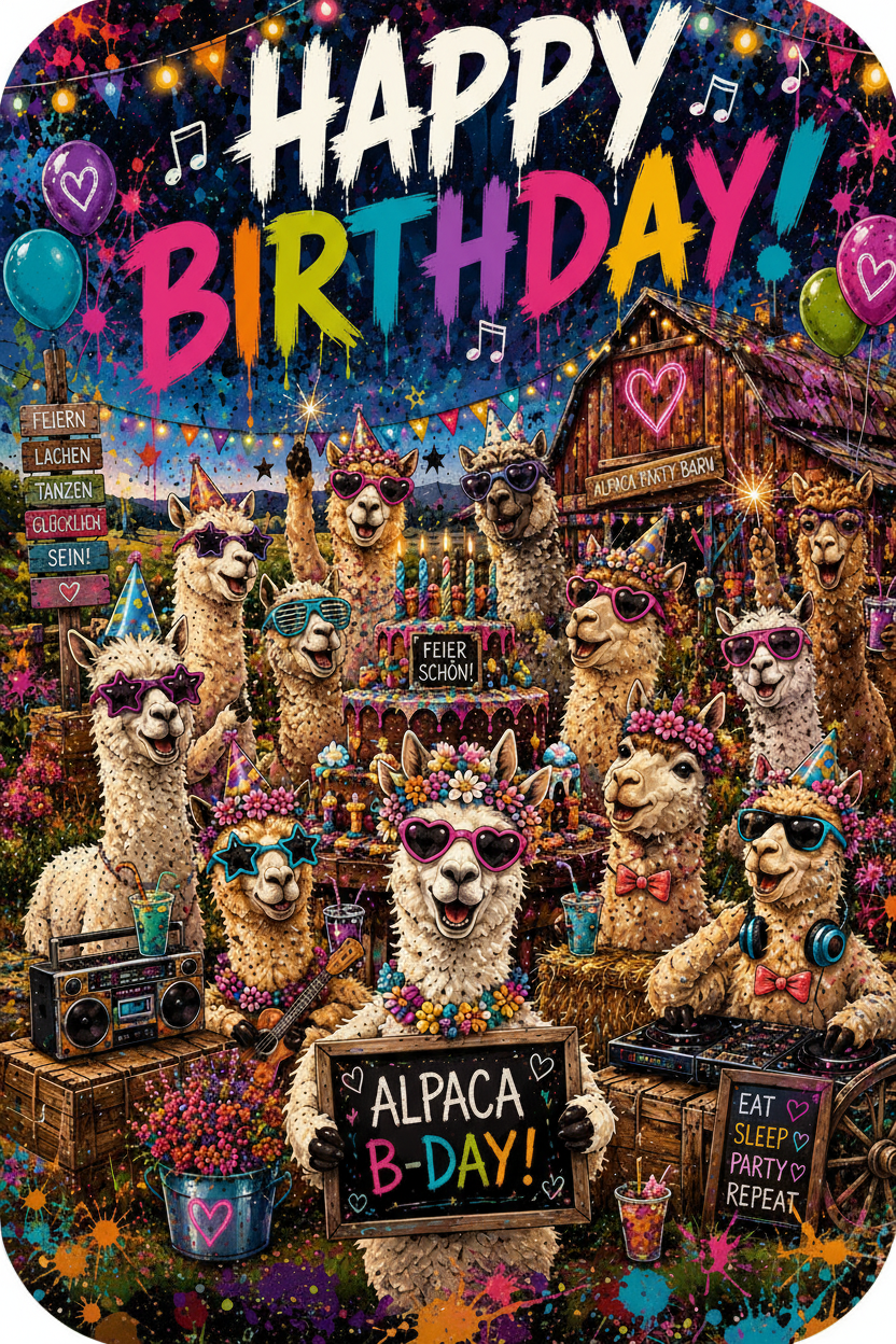 Postkarte Happy Birthday Alpaca B-Day – Vorderseite mit feiernden Alpakas – Bird of Paradise Flower Fashion